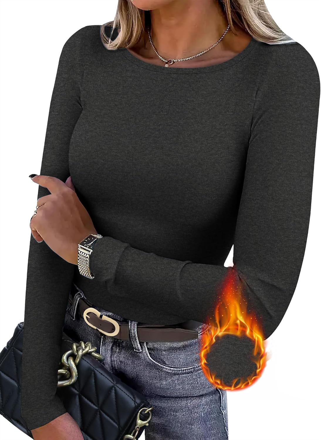 WIHOLL Long Sleeve Thermal Shirt for Women Light Fleece Tops Fall 2025 Crew Neck Casual Basic T-Shirts