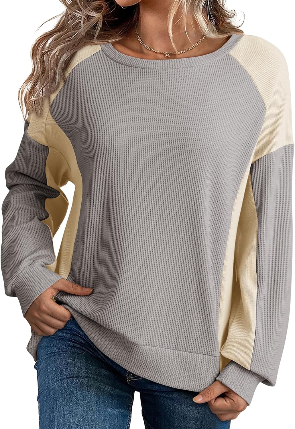 Dokotoo Oversized Sweatshirt for Women Waffle Knit Color Block Crewneck Long Sleeve Casual High Low Pullover Sweatshirts Tops
