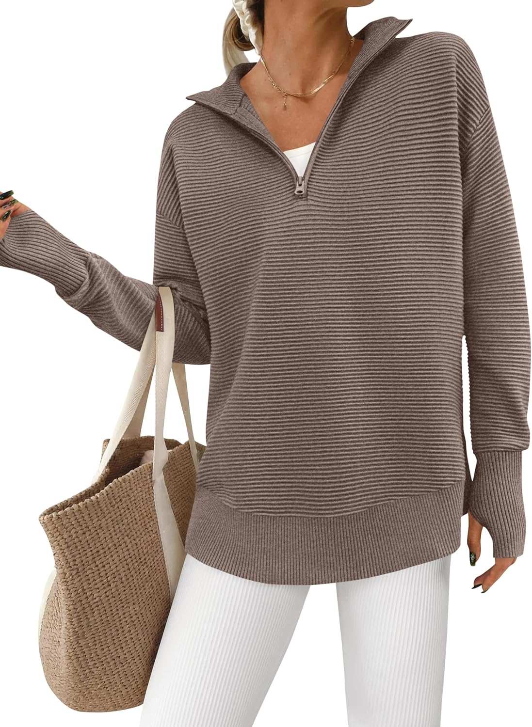 PRETTYGARDEN Womens Long Sleeve Quarter Zip Pullover Sweater Casual Loose V Neck Collared Ribbed Knit Jumper Tops Thumb Hole