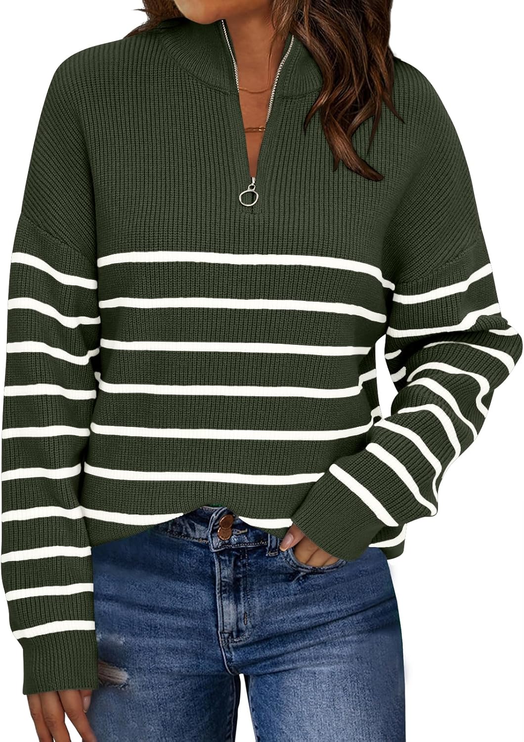 LILLUSORY Women's Quarter Zip Striped Oversized Sweater 2025 Mock Turtleneck Fall Fashion Outfit