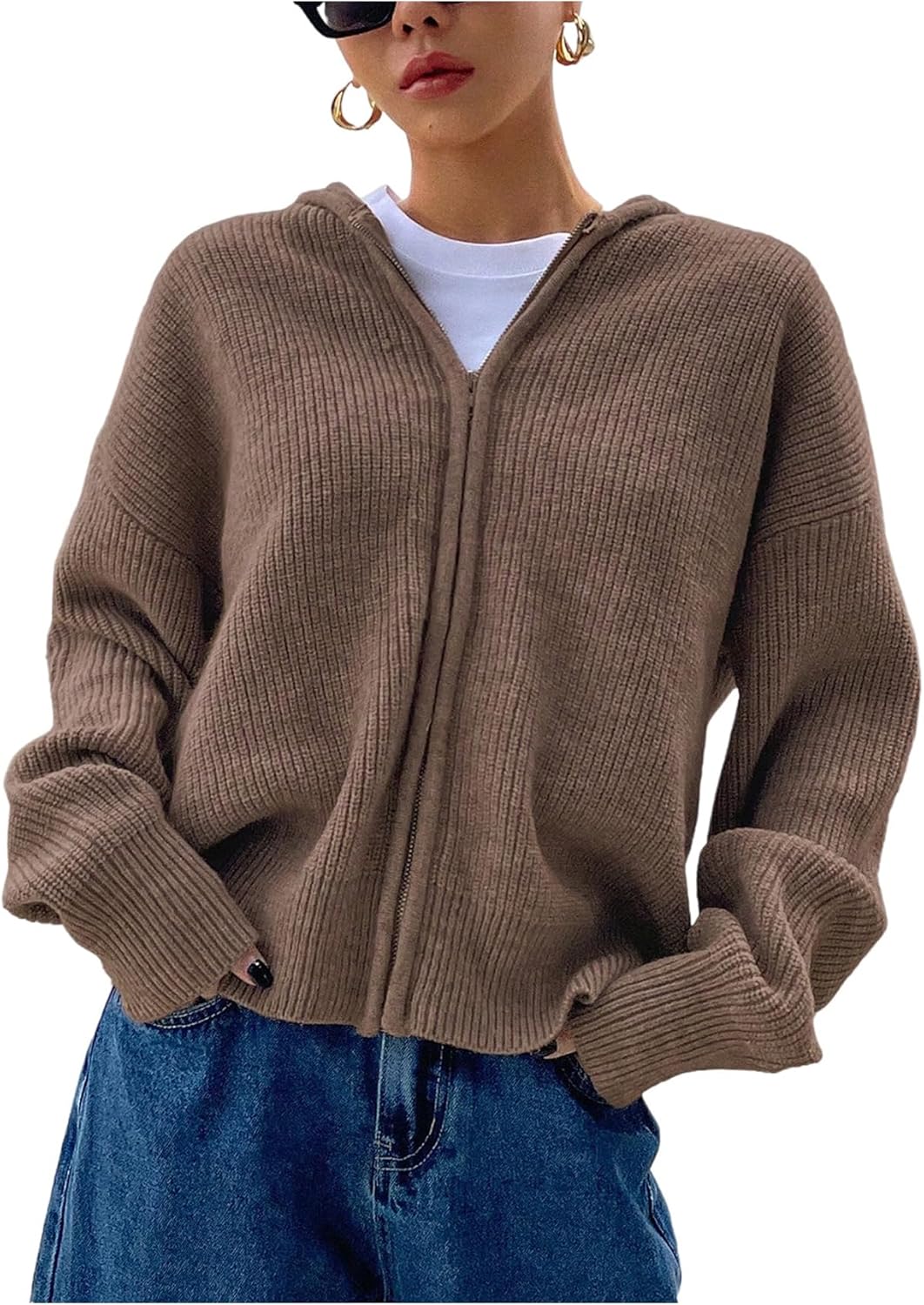 SOLY HUX Zip Up Cardigan for Women Hooded Cardigan Sweater Knitted Drop Shoulder Fall Clothes Winter Hoodies Outerwear