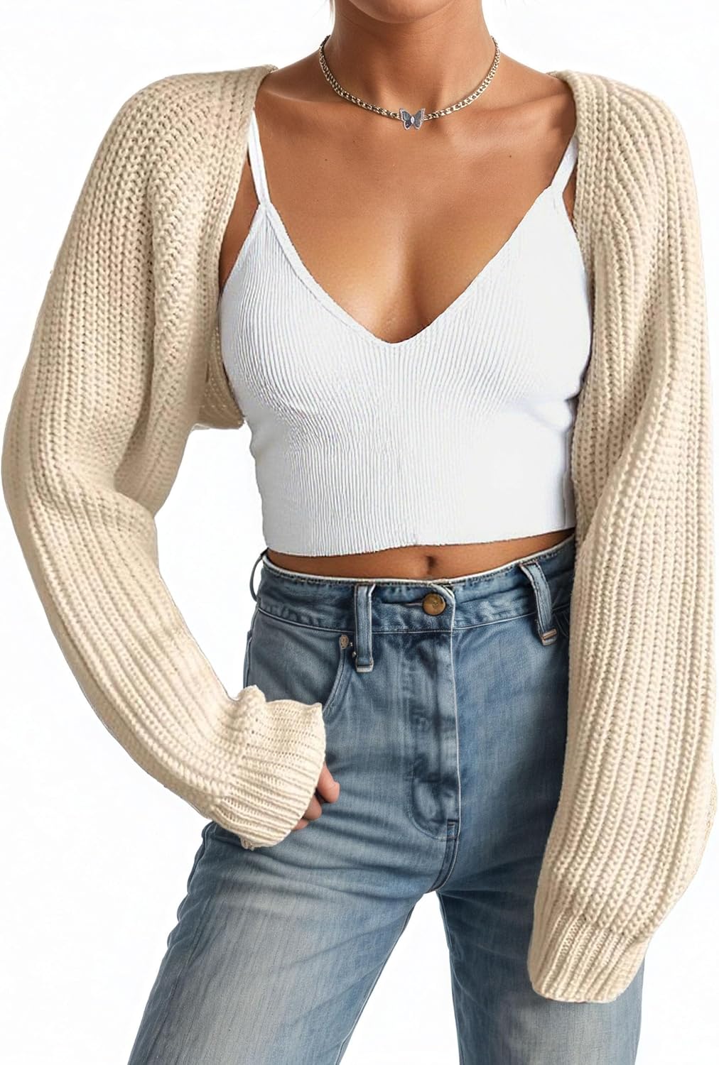 Women Open Front Ribbed Knit Crop Bolero Drop Shoulder Long Sleeve Solid Loose Fit Knitted Crop Cardigan Shrug