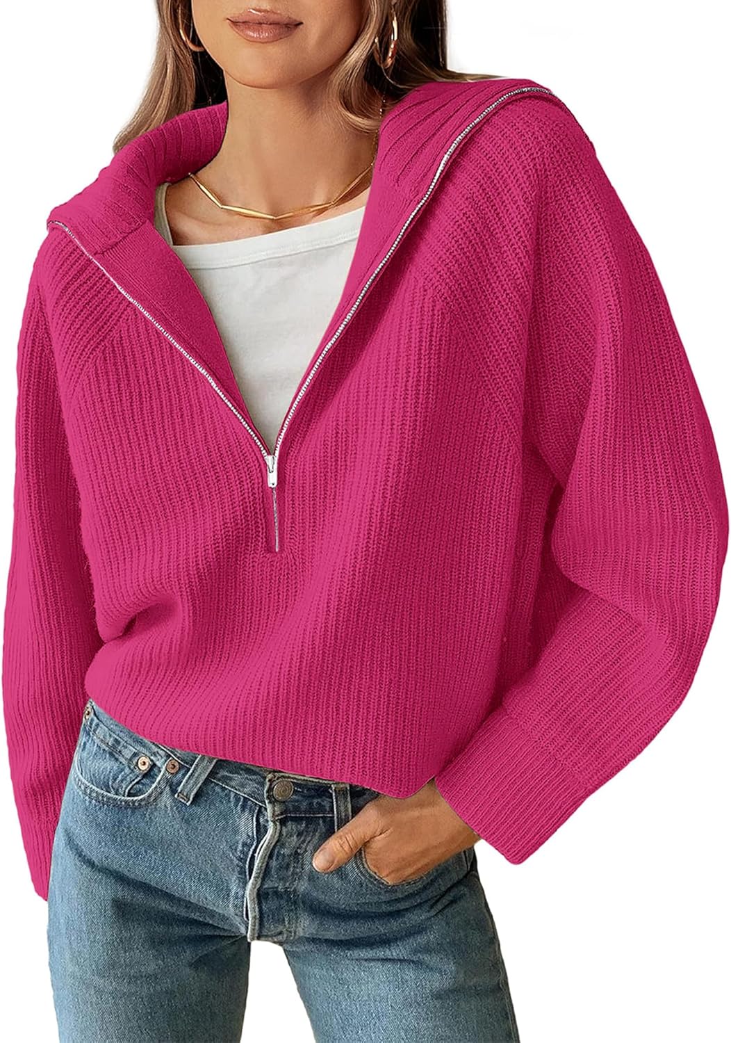 BTFBM Womens Sweaters Quarter Zip Pullover V Neck Collar Long Sleeve Ribbed Knit Loose Casual 2025 Winter Fall Sweater