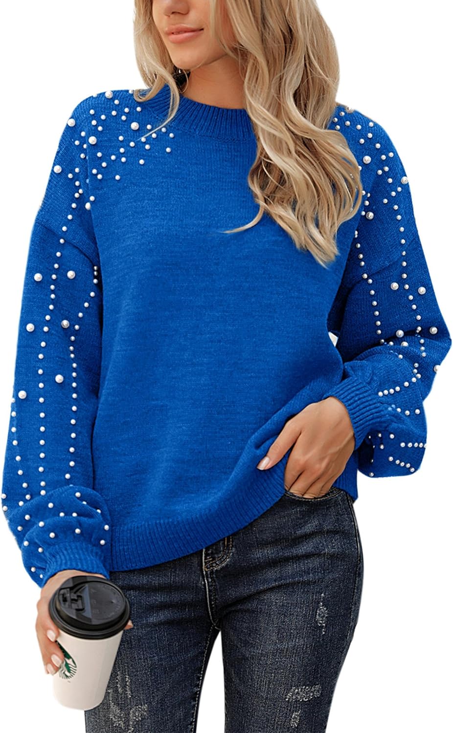 Blooming Jelly Women's Chunky Sweater Crewneck Sweatshirt Knit Lantern Sleeve Oversized Pullover Sweater with Pearls