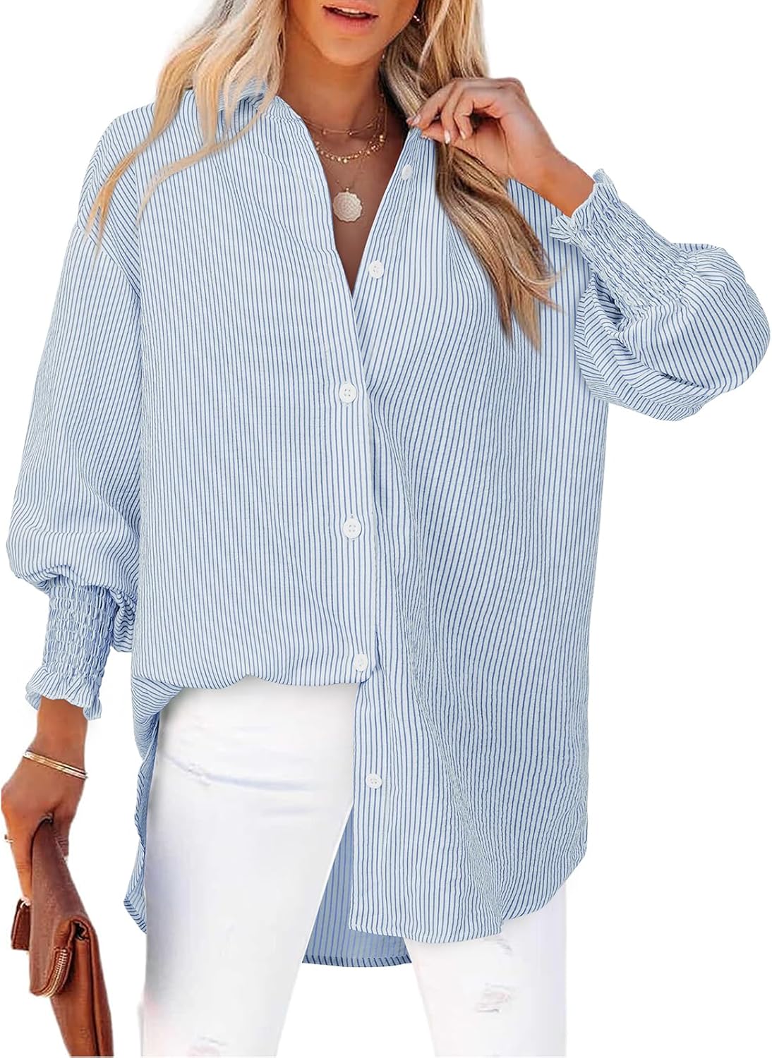 Women's Striped Button Down Shirts Long Sleeve Smocked Cuffed Oversized Boyfriend Blouses Collared Work No Pockets Tops