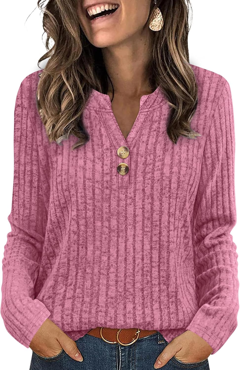 SAMPEEL Womens Sweaters Lightweight Long Sleeve Shirts V Neck Tops with Button Fall Outfits 2025