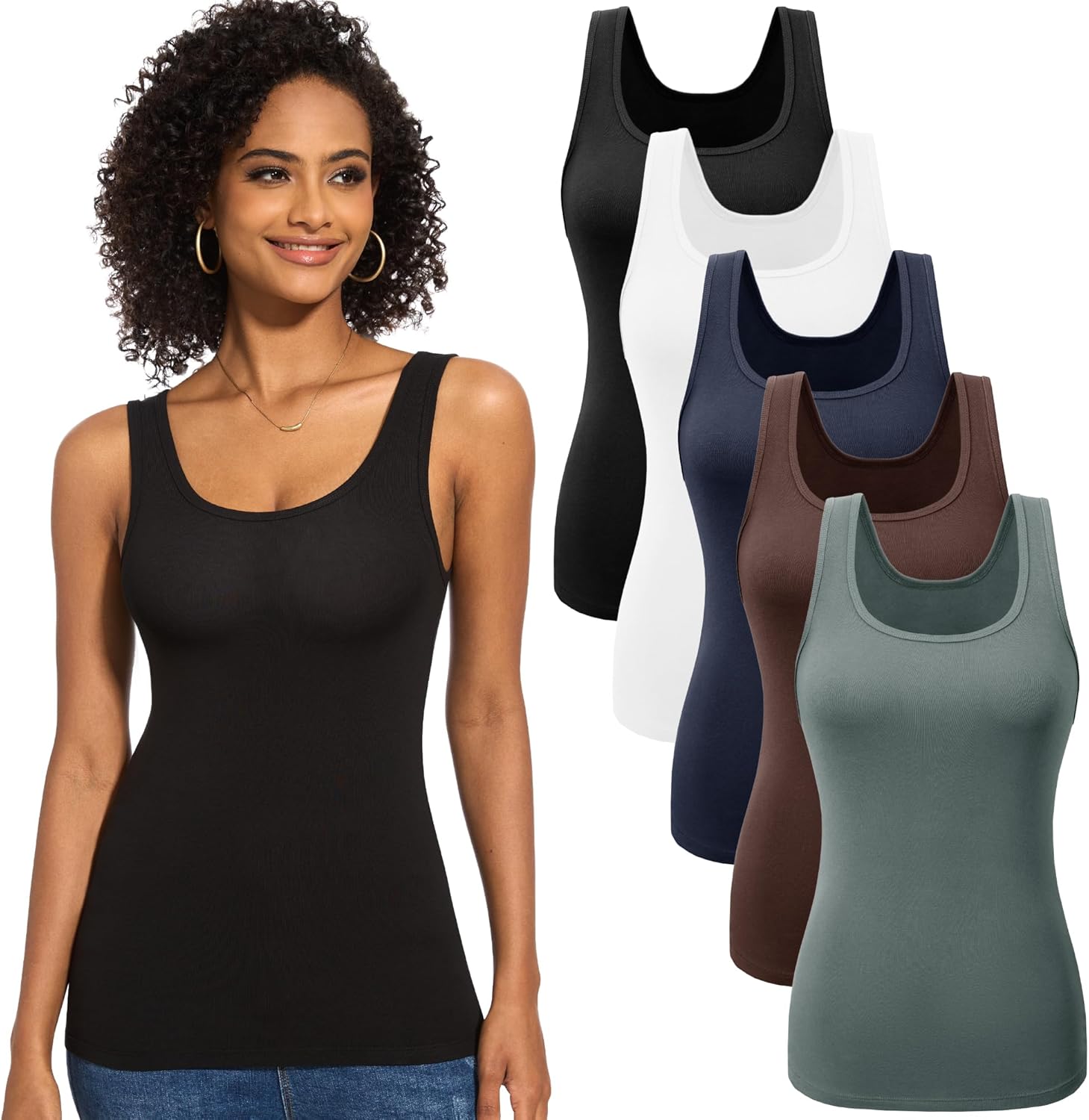 TVKSOM 5 Pack Basic Tank Tops for Women Undershirt Ribbed Sleeveless Casual Basic Tanks Top