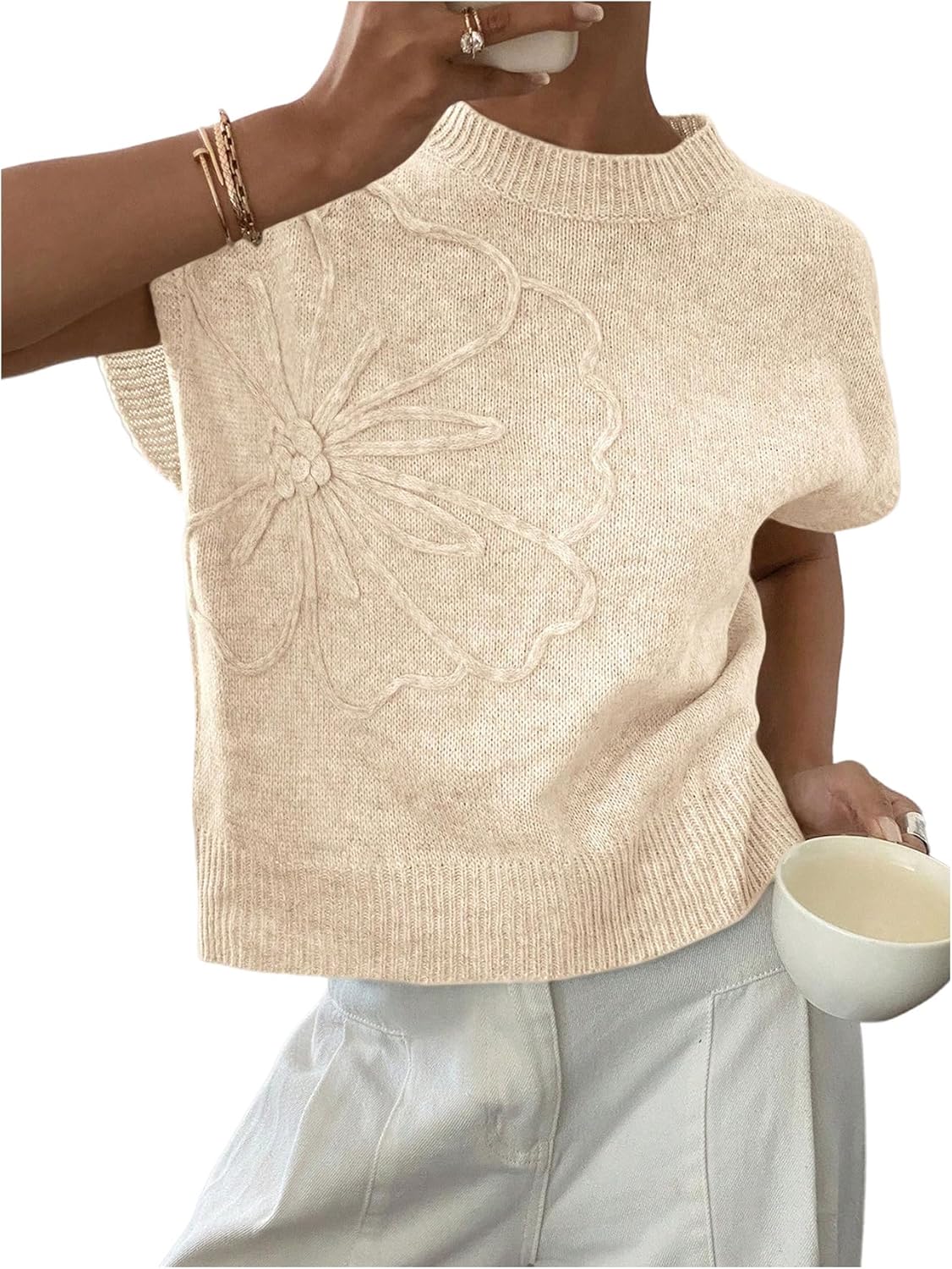 SOLY HUX Women's Ribbed Sweater Crew Neck Short Sleeve Loose Fit Floral Knit Pullover Tops