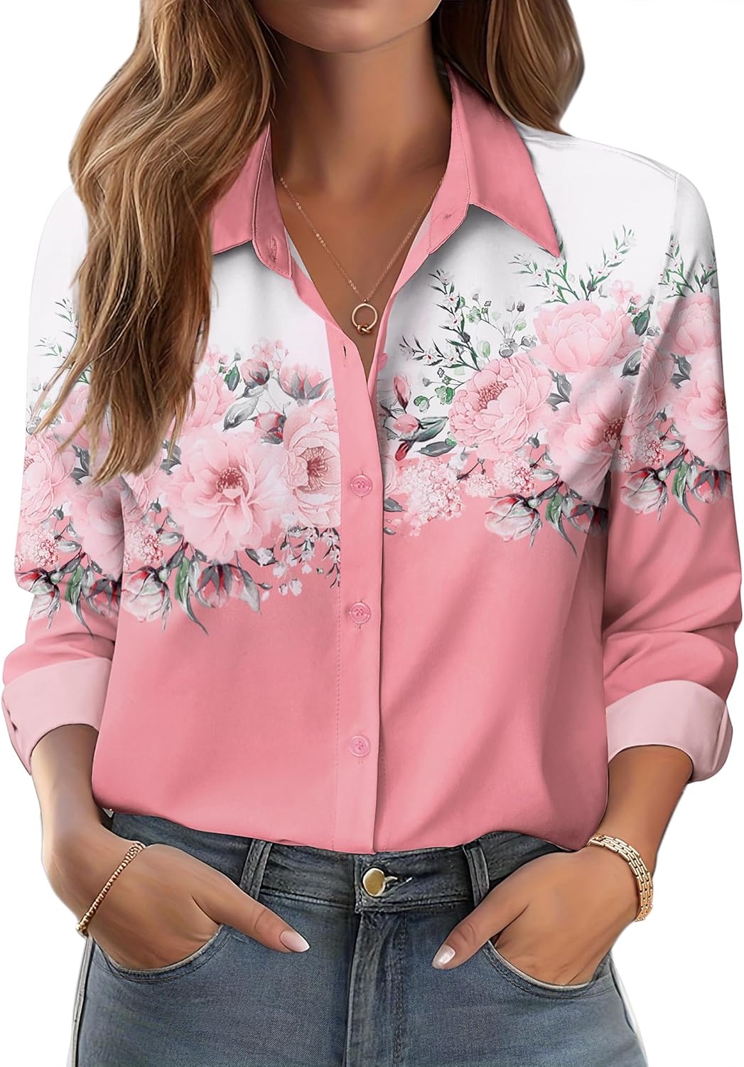 Zeagoo Button Down Shirts for Women Dressy Floral Printed Long Sleeve Blouse Business Casual Work Tops