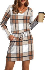 OFEEFAN Fall Dresses for Women 2025 Loose V Neck Long Sleeve T Shirts Casual Sundresses Tie Front A-Line Dresses