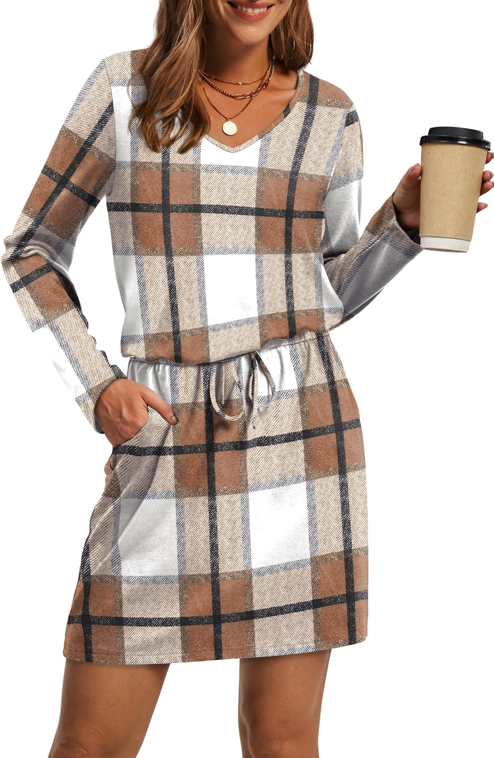 OFEEFAN Fall Dresses for Women 2025 Loose V Neck Long Sleeve T Shirts Casual Sundresses Tie Front A-Line Dresses