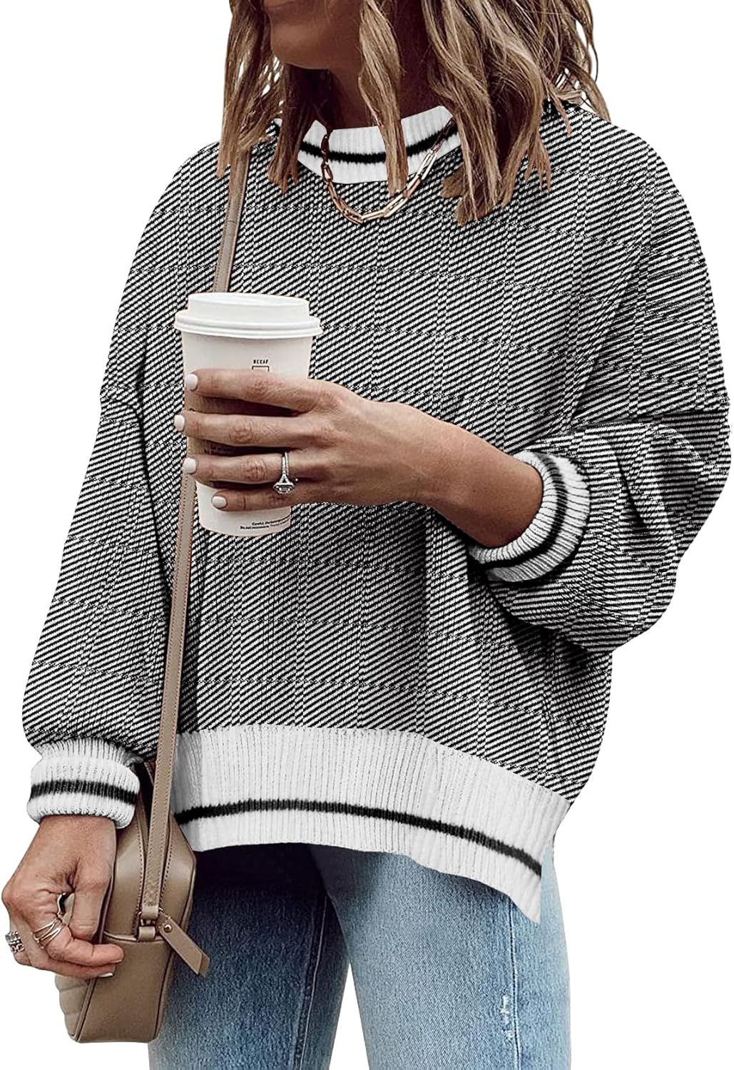 Women's Oversized Crewneck Sweaters Batwing Long Sleeve Side Slit Ribbed Knit Pullover Sweater Tops