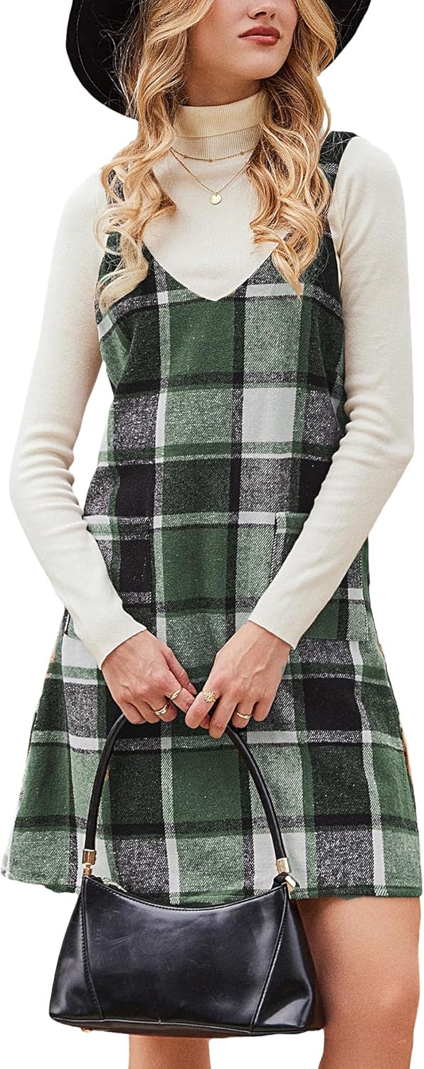 CUPSHE Fall Dresses for Women V Neck Plaid Sleeveless Wide Strpas Pockets Casual Pinafore Mini Overall Dress