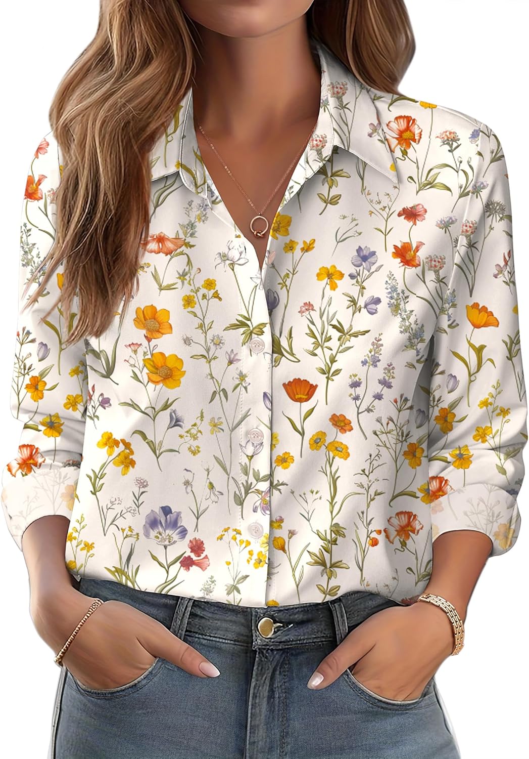 Zeagoo Button Down Shirts for Women Dressy Floral Printed Long Sleeve Blouse Business Casual Work Tops