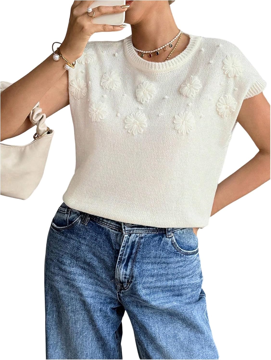 SOLY HUX Women's Ribbed Sweater Crew Neck Short Sleeve Loose Fit Floral Knit Pullover Tops