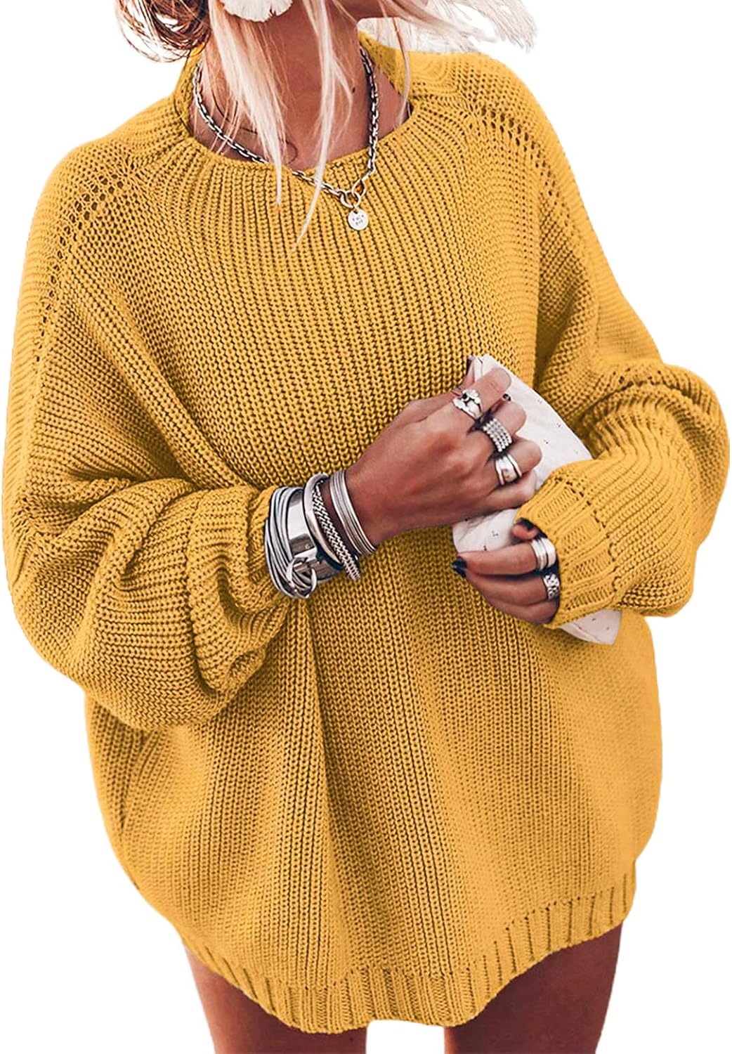 Ugerlov Women's Oversized Sweaters Batwing Sleeve Mock Neck Jumper Tops Chunky Knit Pullover Sweater