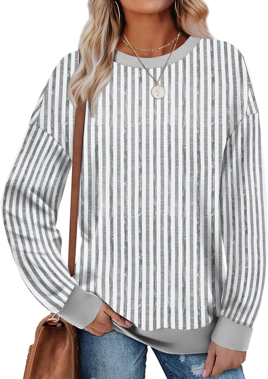 Saloogoe Sweatshirts for Women Crewneck Long Sleeve Loose Fit Tops Color Block Ribbed Trim Fashion 2025