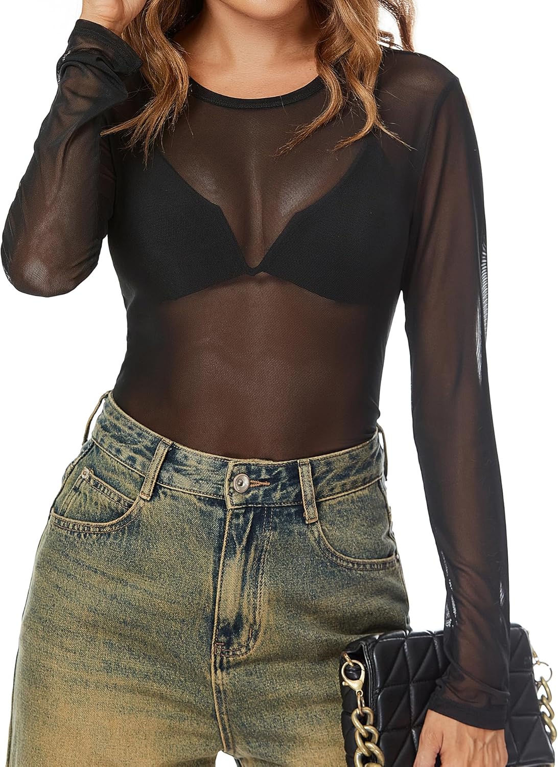 AKEWEI Womens Mesh Long Sleeve Tops Crew Neck Sexy See Through Tee Shirts Party Club Night Lace Blouse