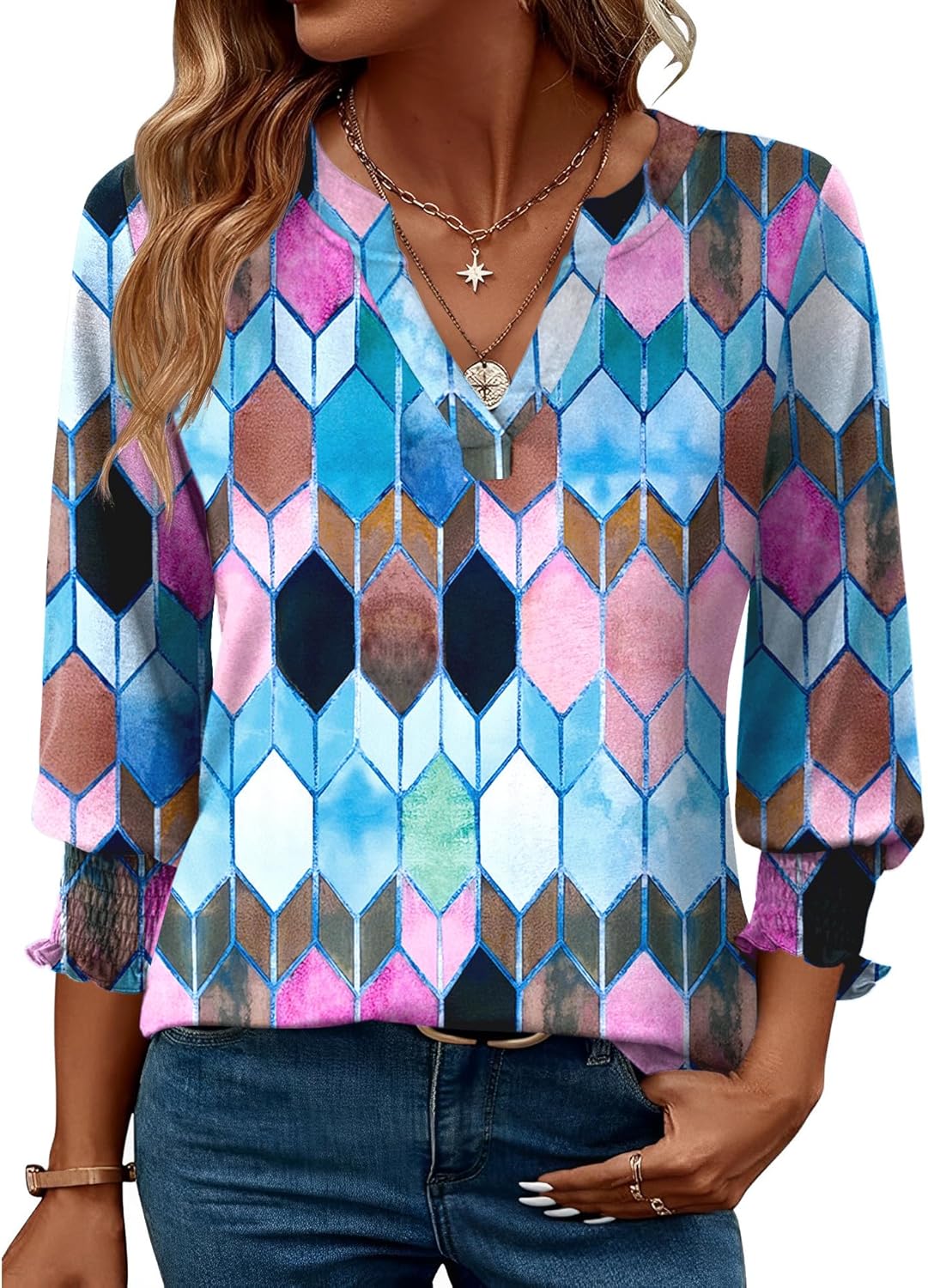 LOMON Women's 2025 Fashion Tops 3/4 Length Sleeve Business Casual Blouses Summer Tees Shirts