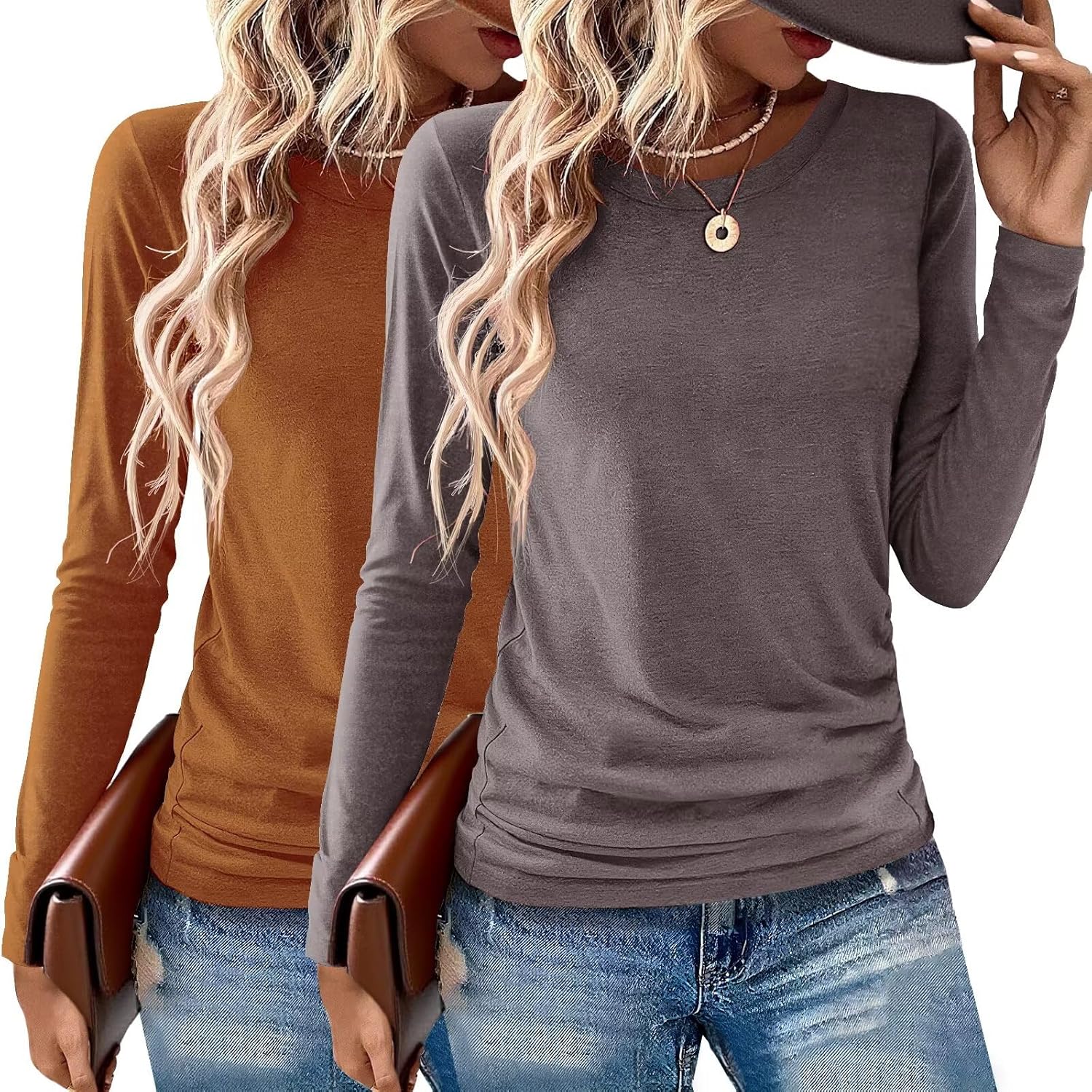 2 Pack Womens Tops Crewneck Soft Long Sleeve Shirts Fall Clothes Casual Tshirts Basic Tee