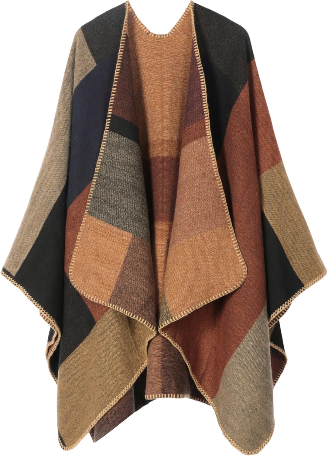 Bestshe Women's Boho Open Front Poncho Knitted Plaid Shawl Wrap Cape Tassel Cardigan Sweater