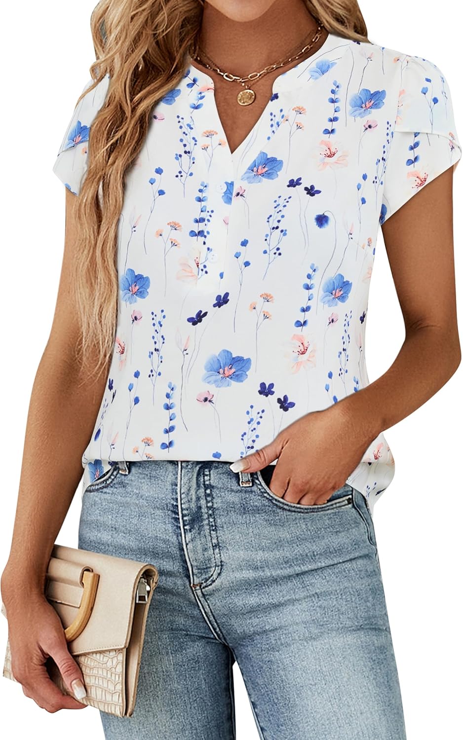 Blooming Jelly Women's Dressy Casual Tops Business Work Blouses White Button Down Shirts Cap Sleeve V Neck Tshirt