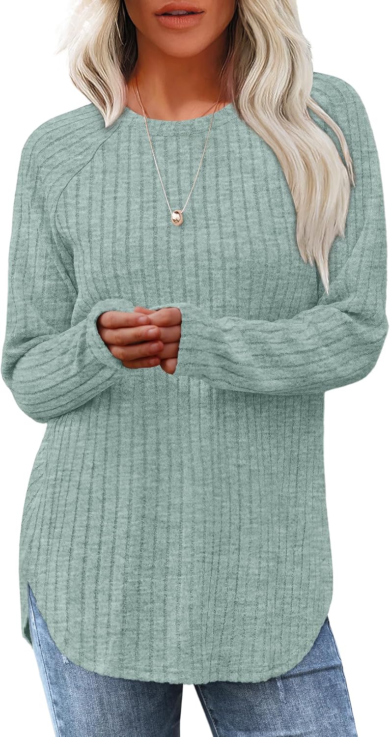 Saloogoe Long Sleeve Shirts for Women 2025 Fall Clothes Tunic Tops Loose Fit Dressy Crewneck Pullover Sweaters Curved Hem