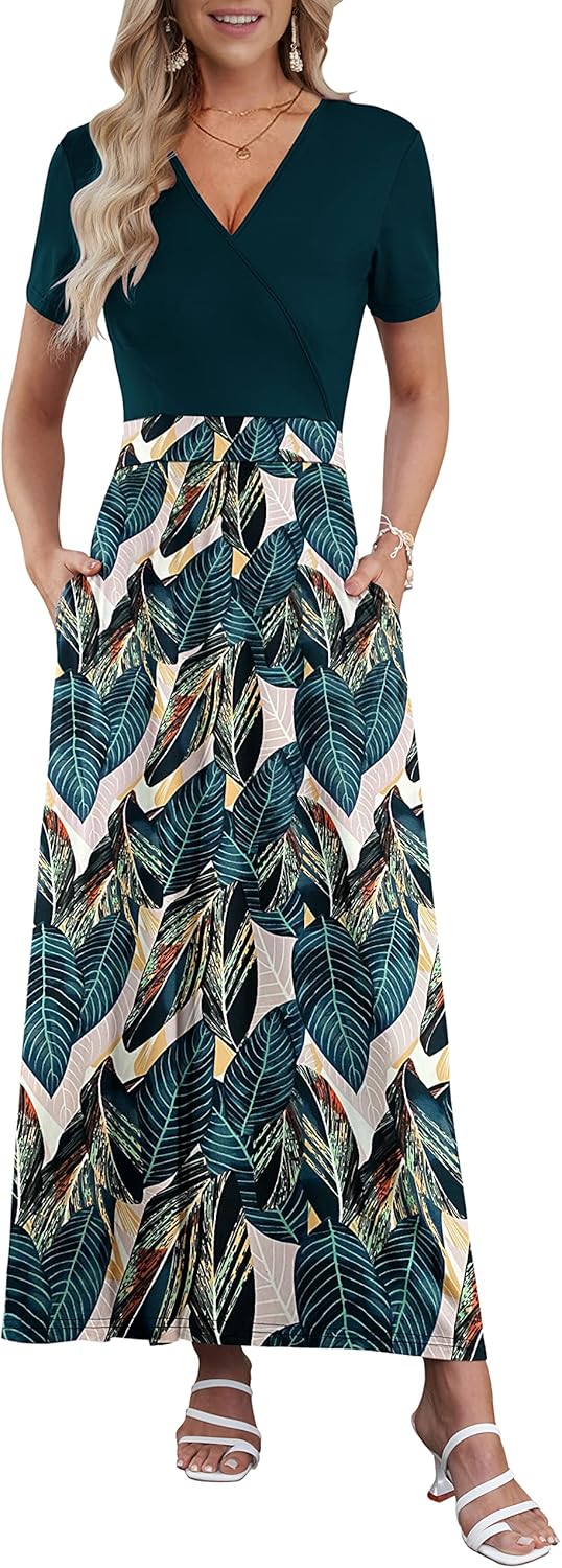 AUSELILY Maxi Dresses for Women Ankle Length Floral Print Beach Long Flowy Dress with Pockets
