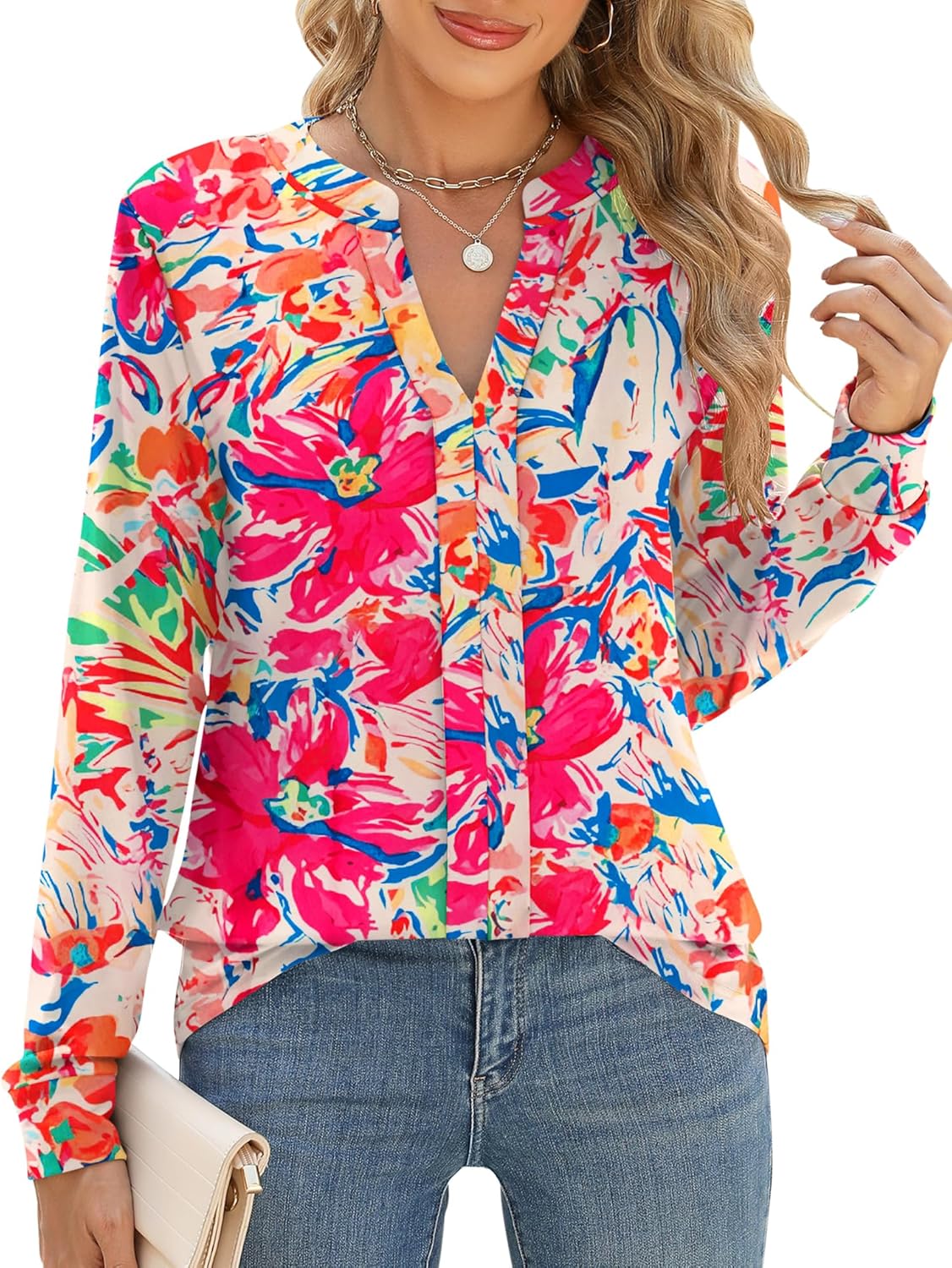 Micoson Womens Tops Dressy Casual Long Sleeve Business Knit T Shirts V Neck Pleated Work Blouses Loose Fall Trendy Clothes