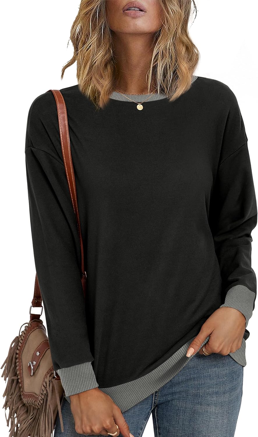 Desol Crew Neck Sweatshirt for Women 2024 Color Block Comfy Pullover Long Sleeve Loose Fit Fall Tops