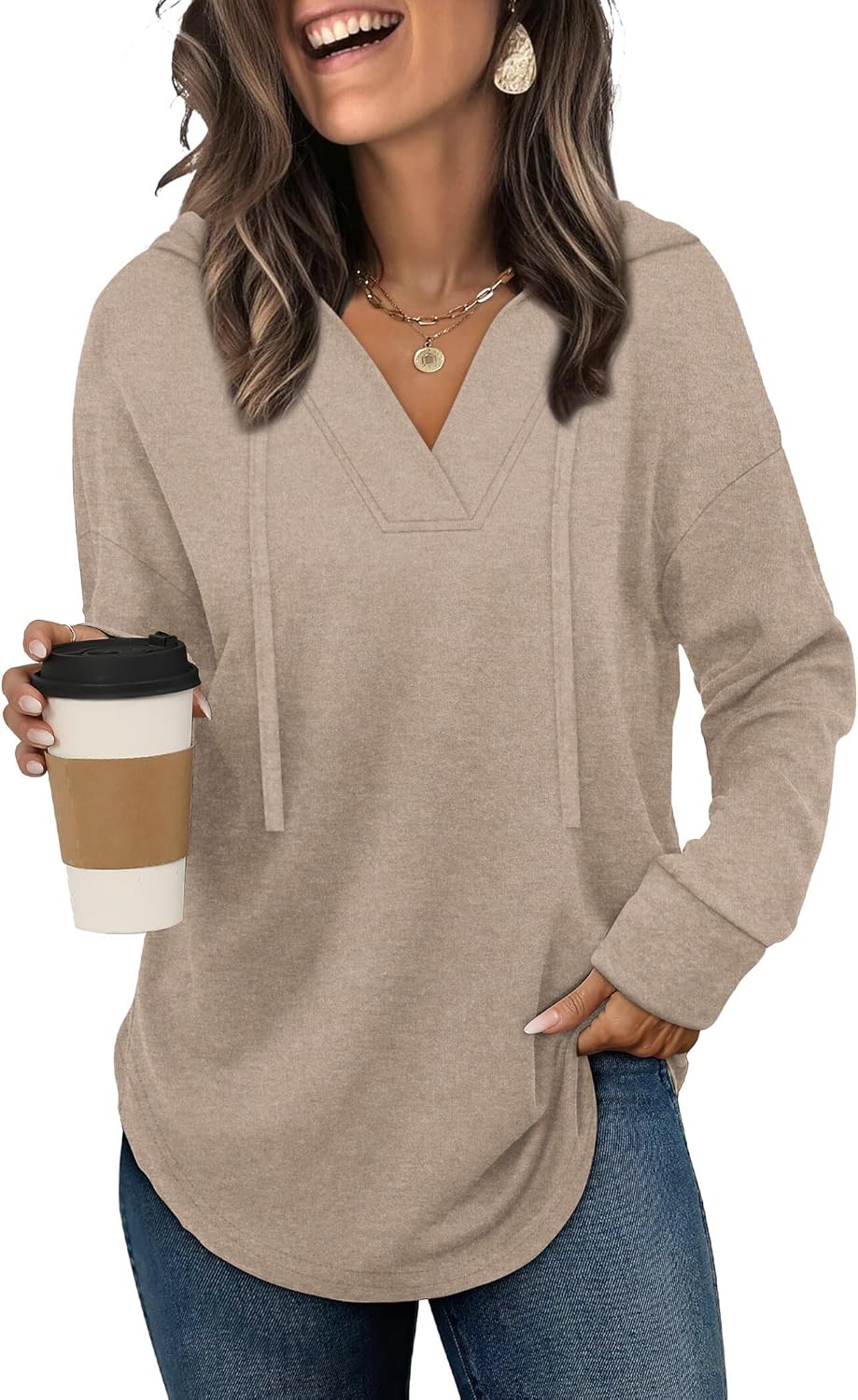 Sampeel Hoodies for Women Trendy Fall Fashion 2025 V Neck Oversized Sweatshirt Plus Size Tops Clothes