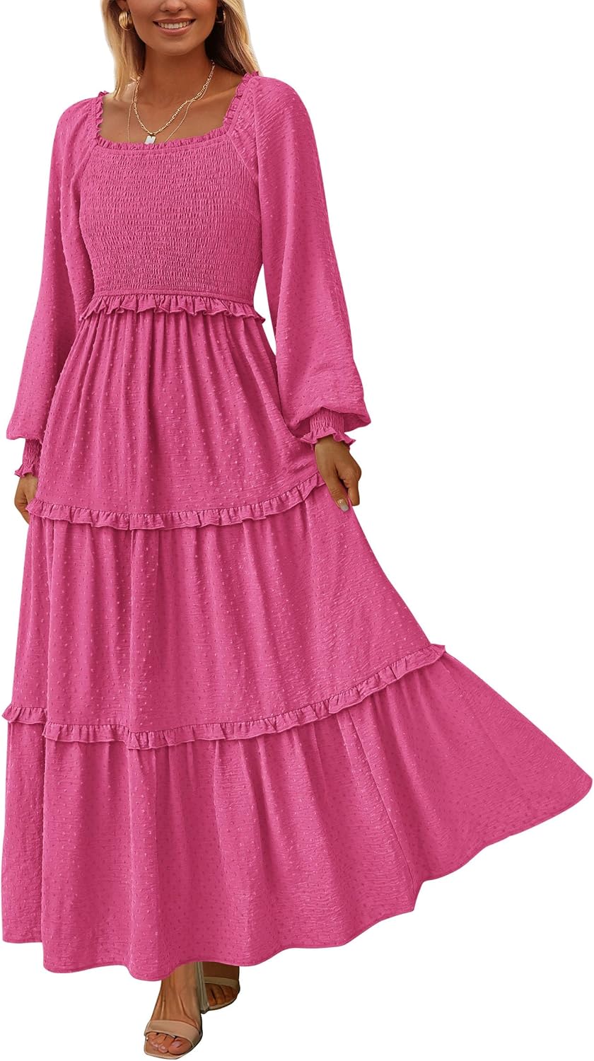 PRETTYGARDEN Fall Dresses for Women 2025 Long Sleeve Smocked Square Neck Swiss Dot Tiered Flowy Wedding Guest Maxi Dress