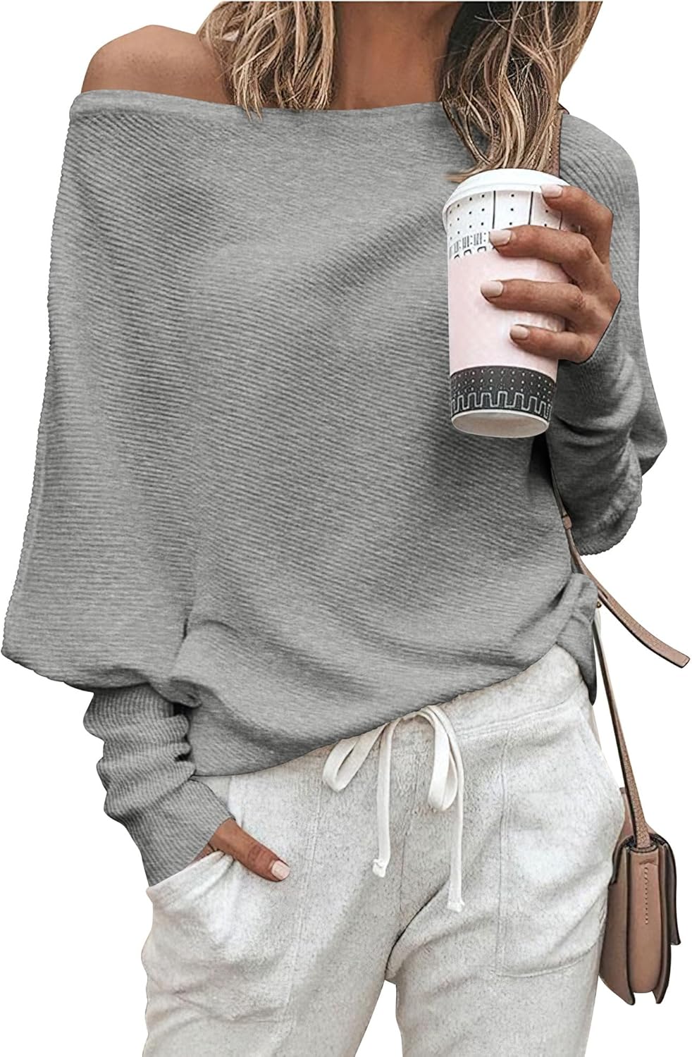 Zenlonr Women's Fall Sweaters 2025 Casual Long Batwing Sleeve Loose Off Shoulder Knit Pullovers Jumper Tops