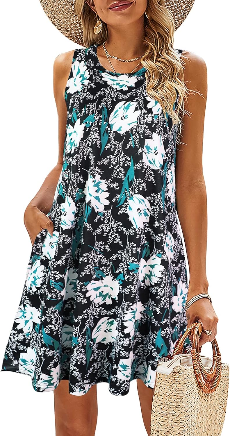 SimpleFun Summer Dresses for Women Beach Floral Tshirt Sundress Casual Pockets Boho Tank Dress