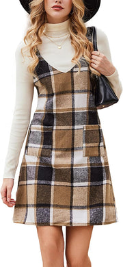 CUPSHE Fall Dresses for Women V Neck Plaid Sleeveless Wide Strpas Pockets Casual Pinafore Mini Overall Dress