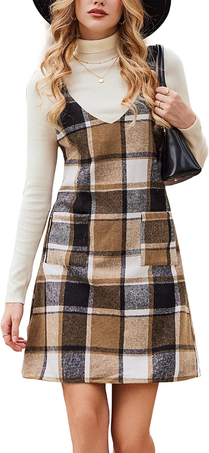 CUPSHE Fall Dresses for Women V Neck Plaid Sleeveless Wide Strpas Pockets Casual Pinafore Mini Overall Dress