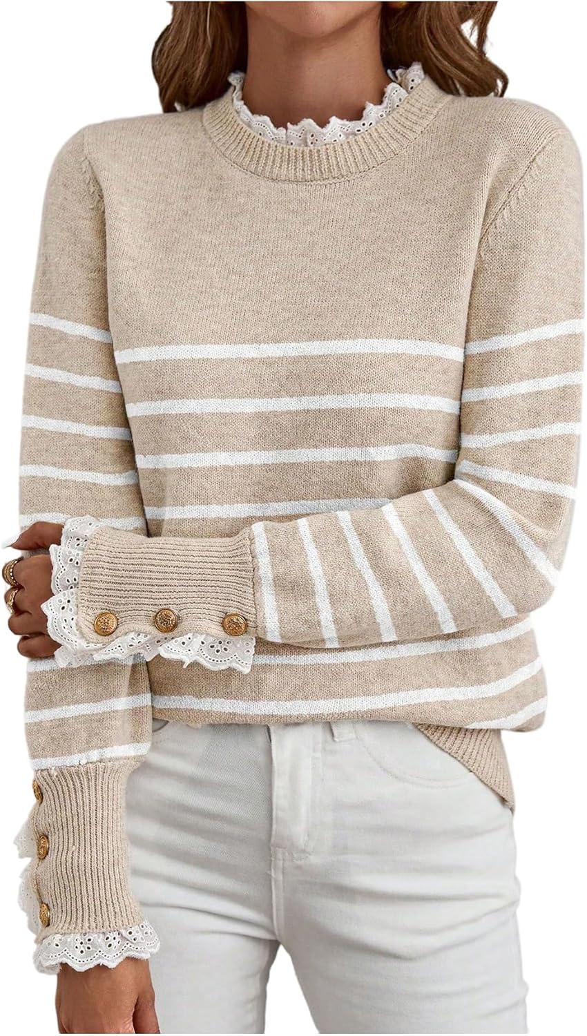 MakeMeChic Women's Fall Sweaters Lace Peplum Mock Neck Cozy Sweater Pullover
