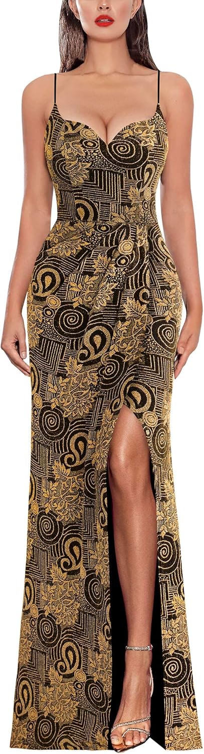 VFSHOW Womens Sexy Formal Ruched Fitted High Slit Bodycon Maxi Dress Spaghetti Strap Sweetheart Cocktail Prom Evening Gown