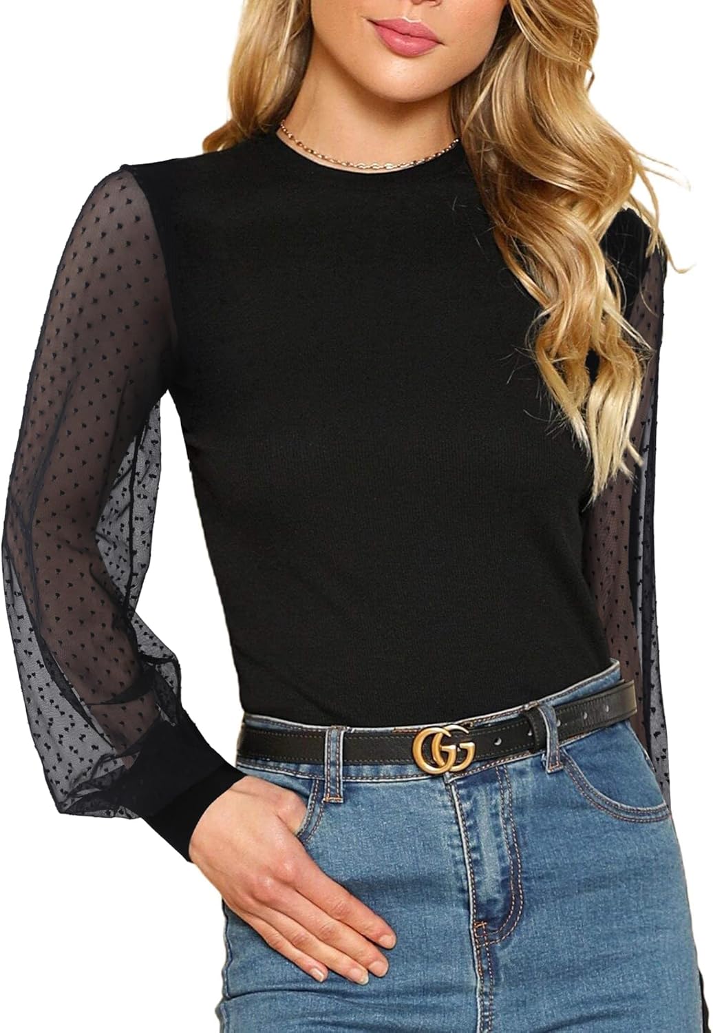 Remidoo Women's Solid Round Neck Puff Long Sleeve Slim Fit T Shirt Tops