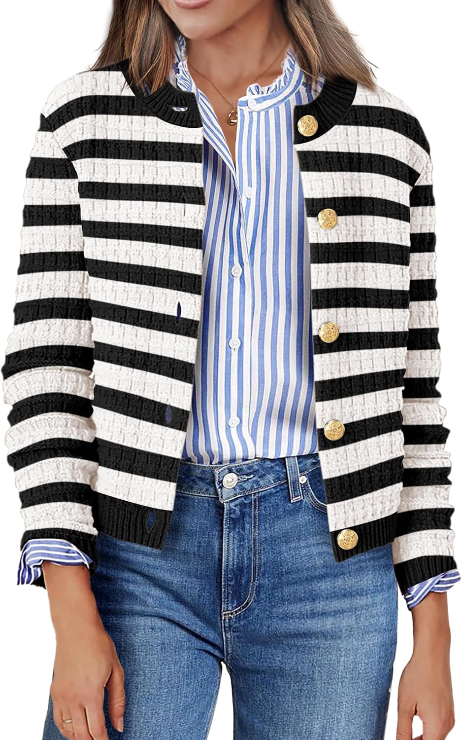 Zeagoo Women's 2025 Cardigan Sweaters Button Down Crew Neck Open Front Long Sleeve Knit Cropped Jackets