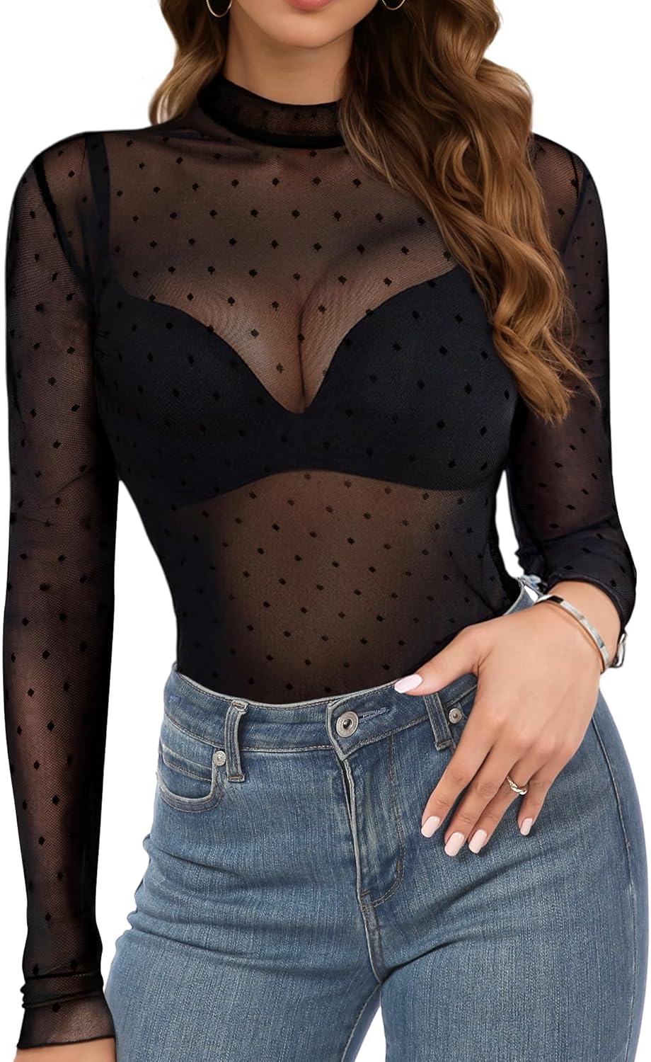 Buauty Mesh Long Sleeve Top for Women, Lace Sheer Tops See Through Mock Neck Floral Embroidery Sheer Blouce Fishnet Shirt