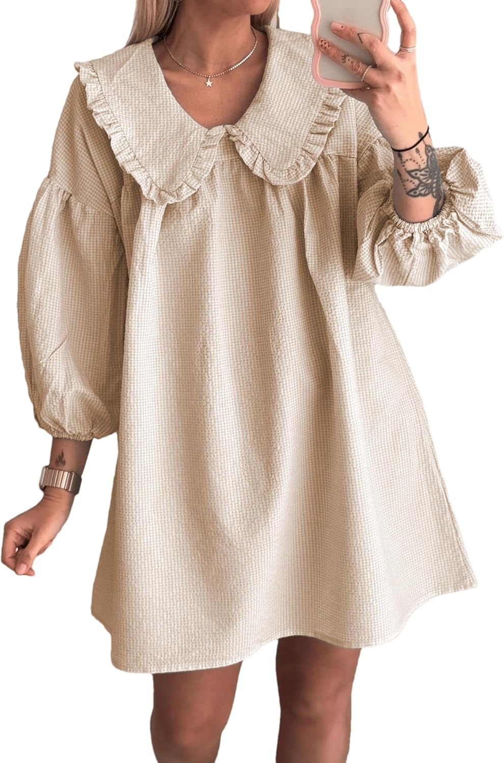 2025 Women's Babydoll 3/4 Puff Sleeve Plaid Mini Dress Lapel Doll Collar Loose Y2k Dress