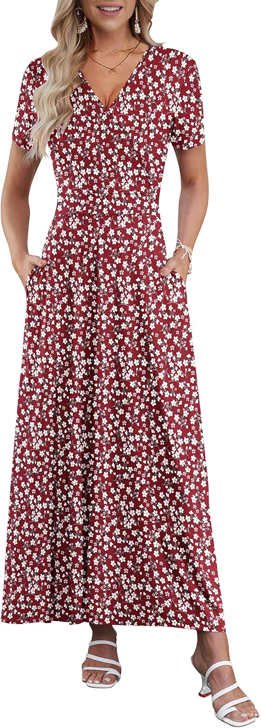 AUSELILY Maxi Dresses for Women Ankle Length Floral Print Beach Long Flowy Dress with Pockets