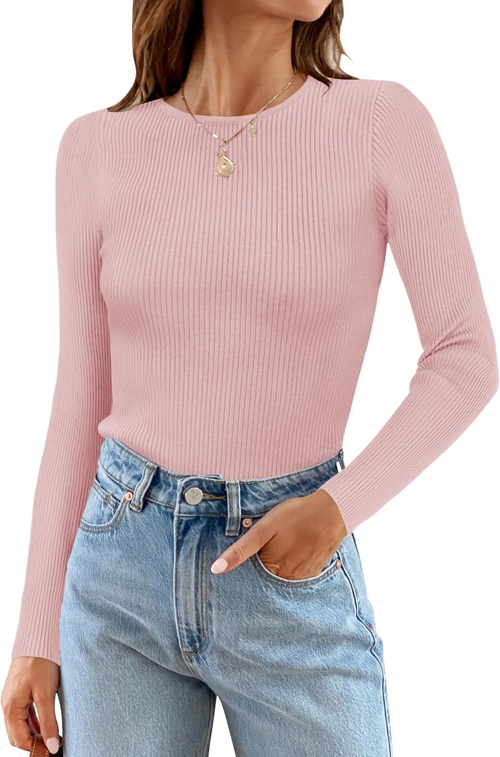 ZESICA Women's Long Sleeve Crewneck Shirts 2025 Fall Ribbed Knit Sweater Slim Fitted Casual Basic Tee Tops