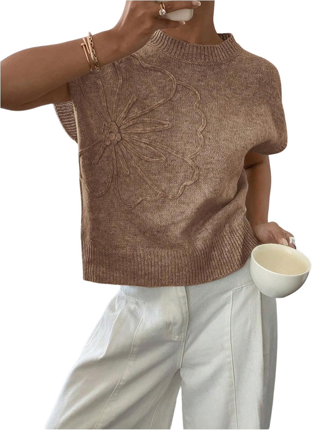 SOLY HUX Women's Ribbed Sweater Crew Neck Short Sleeve Loose Fit Floral Knit Pullover Tops