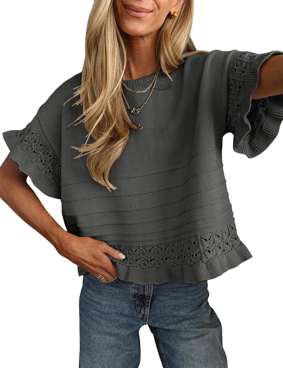 Yeokou Womens Short Sleeve Sweater Round Neck Ruffled Hem Knit Crochet Pullover Summer Fall Casual Top Blouse