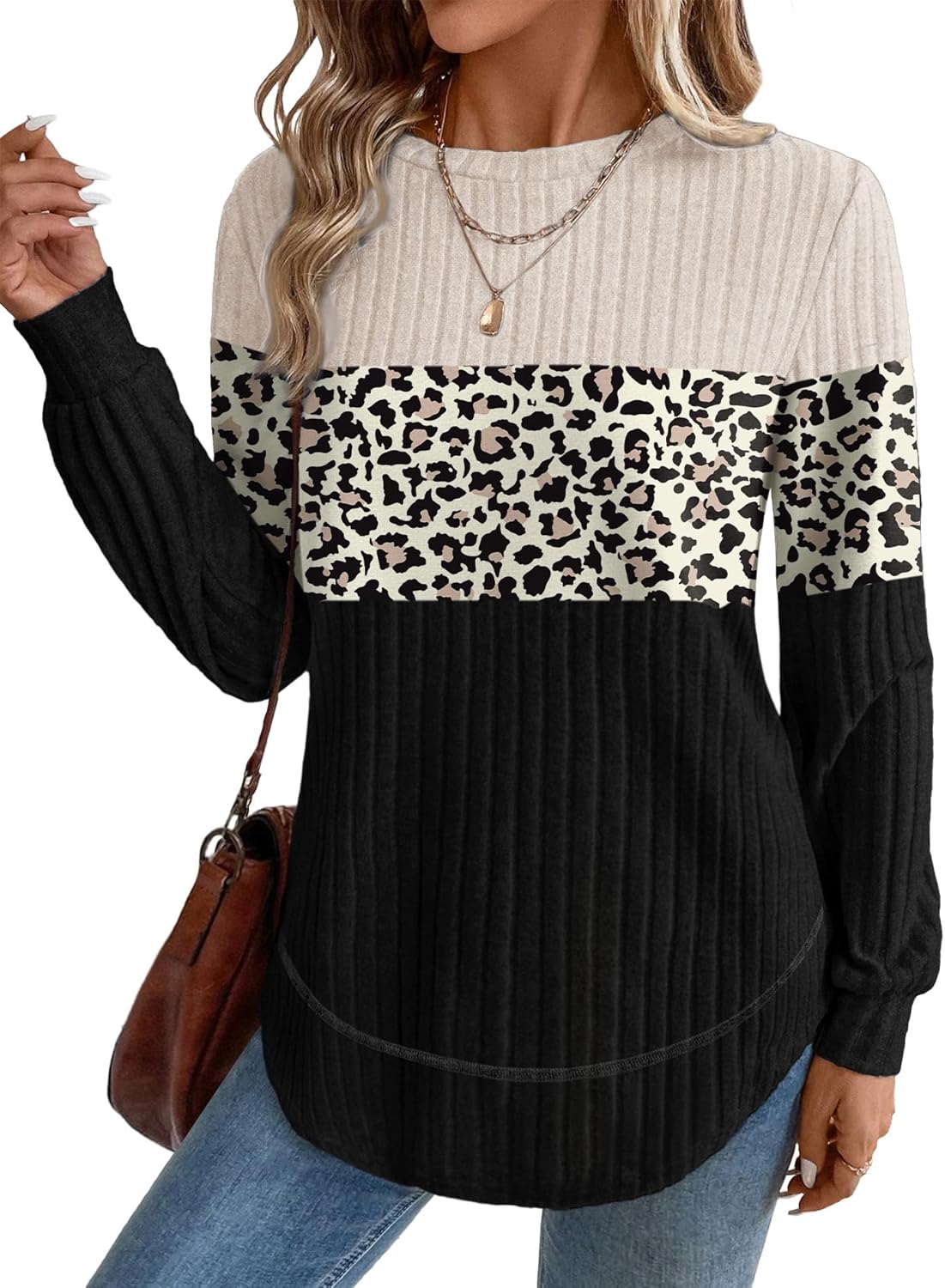 OFEEFAN Tunic Tops for Women Loose Fit Dressy Long Sleeve Shirts Womens Sweaters Crew Neck Fall Clothing with Curved Hem