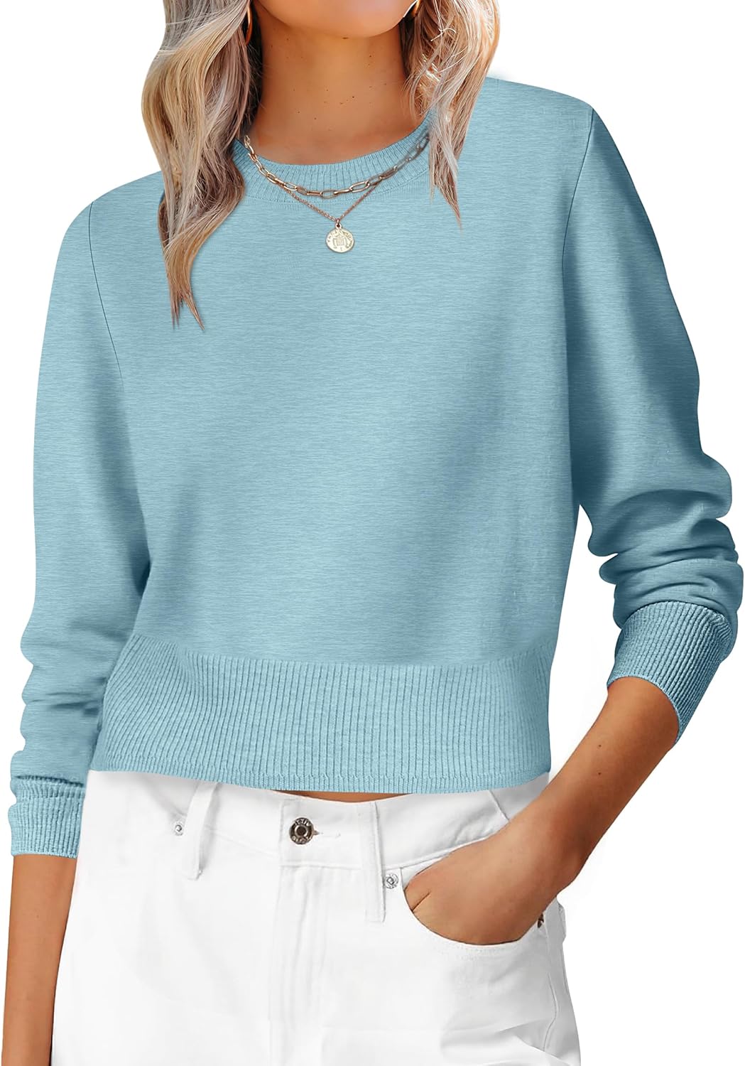 ANRABESS Women’s Long Sleeve Sweaters Cropped Crew Neck Business Casual Light Weight Sweater Tops Fall Fashion Clothes 2025