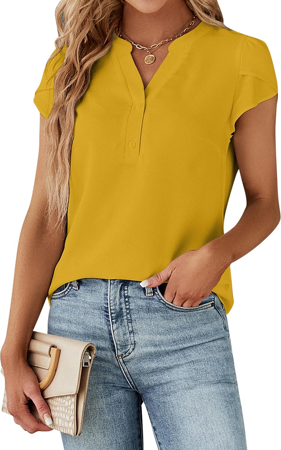 Blooming Jelly Women's Dressy Casual Tops Business Work Blouses White Button Down Shirts Cap Sleeve V Neck Tshirt