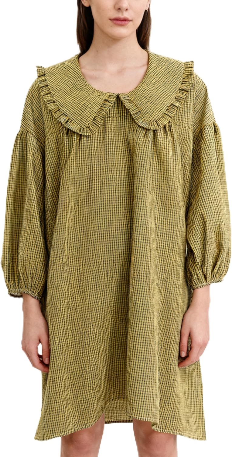 2025 Women's Babydoll 3/4 Puff Sleeve Plaid Mini Dress Lapel Doll Collar Loose Y2k Dress